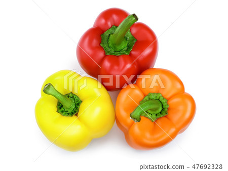 yellow orange and red sweet bell pepper isolated on white background. Top view. Flat lay 47692328