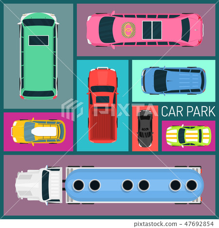 Cars of different size and color seamless pattern vector illustration. Car parking. Top view of Cars of different size and color seamless pattern vector illustration. Car parking. Top view of 47692854