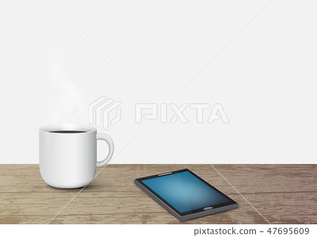 3d hot coffee cup with mobile phone on table 3d hot coffee cup with mobile phone on table 47695609