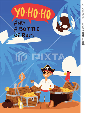 Piratic vector pirating chest and flag skull backdrop pirate character buccaneer man illustration 47696326