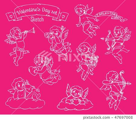 Cupids with angel wings, love arrows and bows Cupids with angel wings, love arrows and bows 47697008