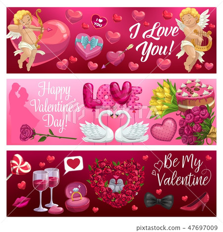 Valentines Day hearts, Cupids, flowers and gifts Valentines Day hearts, Cupids, flowers and gifts 47697009