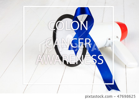 Colon cancer awareness poster. Blue ribbon made of dots on white background. Medical concept. 47698625