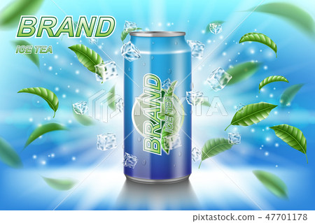Ice tea label ads with green leaves on blue background. Package design tea drink with ice cubes for Ice tea label ads with green leaves on blue background. Package design tea drink with ice cubes for 47701178
