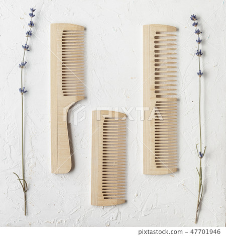 Wooden hair or beard combs on white background 47701946
