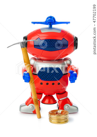 Toy robot with pickaxe and bitcoins stack Toy robot with pickaxe and bitcoins stack 47702199