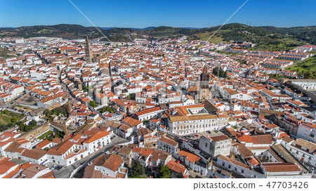 Aerial. Historic Spanish village Jerez de los Caballeros filmed from the sky. 47703426