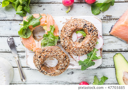 Healthy breackfast with bagels Healthy breackfast with bagels 47703885