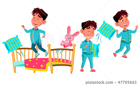 Asian Boy Kindergarten Kid Poses Set Vector. Preschool. Sleep, Bedroom. Pillow,Toy. Young Positive 47705683