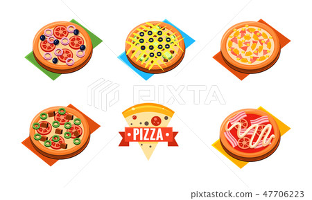 Collection of whole pizza with different ingredients, pizzeria, restaurant, bakery shop, cafe design 47706223