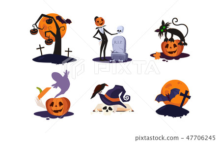 Traditional design elements of Halloween set, scary tree, pumpkin, moon, grave with tombstone, ghost Traditional design elements of Halloween set, scary tree, pumpkin, moon, grave with tombstone, ghost 47706245