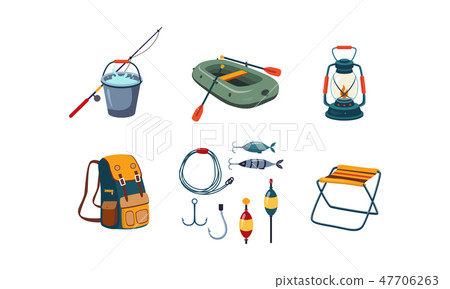 Fishing and camping icons set, bucket and fishing rod, rubber boat, kerosene lamp, backpack, hook Fishing and camping icons set, bucket and fishing rod, rubber boat, kerosene lamp, backpack, hook 47706263