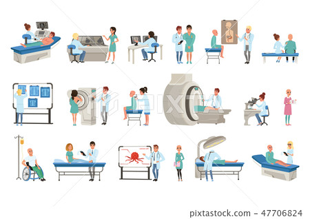 Diagnostic and treatment of cancer set, doctors, patients and equipment for oncology medicine vector 47706824