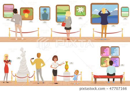 Cartoon characters people visitors in art museum. Paintings, butterflies collection and sculptures Cartoon characters people visitors in art museum. Paintings, butterflies collection and sculptures 47707166