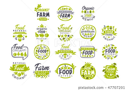 Creative hand drawn gray and green design of organic food logo set. Fresh farm products. Labels for 47707201
