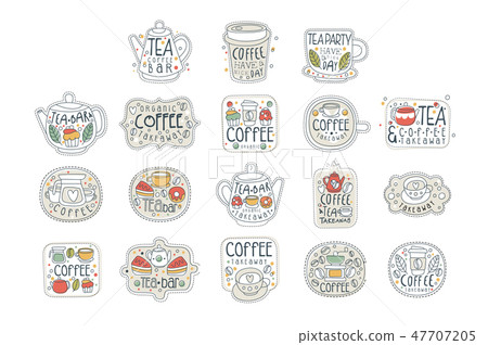 Coffee and tea labels for street shop, cafe or bar set in different shapes. Take away store. Hand Coffee and tea labels for street shop, cafe or bar set in different shapes. Take away store. Hand 47707205