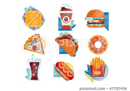 Flat vector icons with fast food and drinks. Sandwich, coffee, hamburger, pizza, tacos, donut, soda Flat vector icons with fast food and drinks. Sandwich, coffee, hamburger, pizza, tacos, donut, soda 47707436