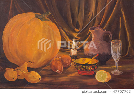 Autumn dark Thanksgiving concept with pumpkins, pear, onions, lemon, bowl, wine glass, jug and 47707762