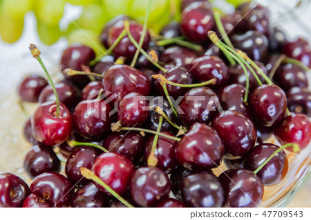 Close up of pile of ripe cherries with stalks and Close up of pile of ripe cherries with stalks and 47709543
