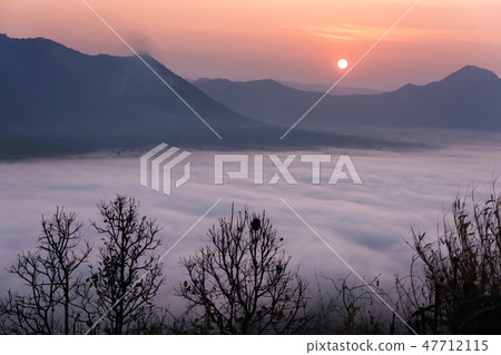 Sunrise viewpoint And fog covering mountains, Thai Sunrise viewpoint And fog covering mountains, Thai 47712115