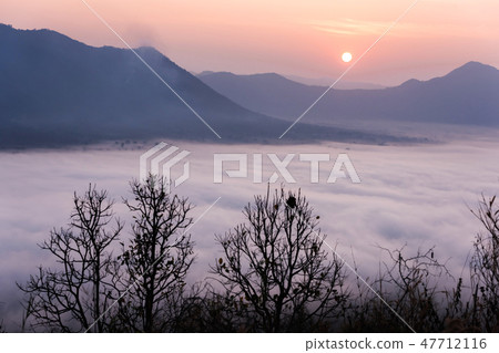 Sunrise viewpoint And fog covering mountains, Thai 47712116