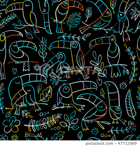 Toucans, paradise tropical bird. Seamless pattern for your design Toucans, paradise tropical bird. Seamless pattern for your design 47712969