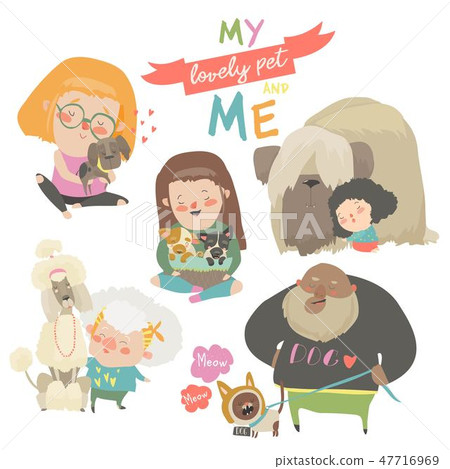Cute pets with their owners. Funny cartoon dogs 47716969