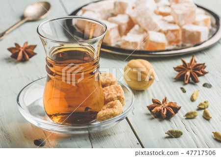 Tea with turkish delight Rahat Lokum and spices 47717506