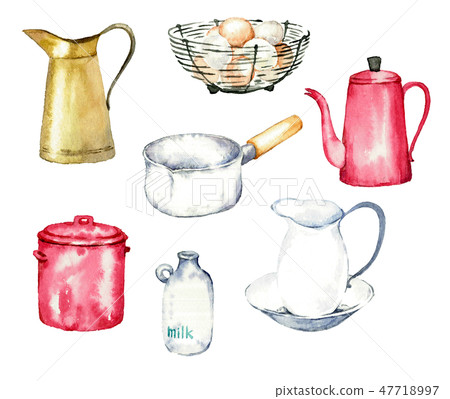 Watercolor set of retro kitchen goods Watercolor set of retro kitchen goods 47718997