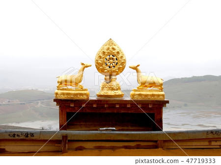 松林林藏傳佛教象徵金鹿和法輪 47719333