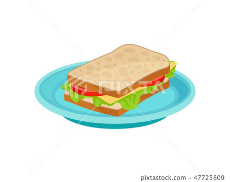 Tasty sandwich with lettuce leaf, slices of tomato and cheese on blue plate. Delicious breakfast 47725809
