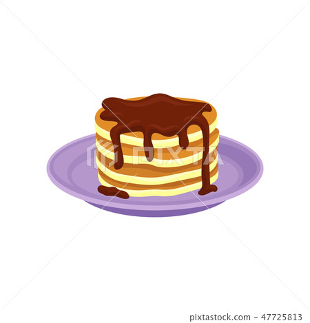 Stack of tasty pancakes topped with chocolate syrup. Delicious food for breakfast. Flat vector Stack of tasty pancakes topped with chocolate syrup. Delicious food for breakfast. Flat vector 47725813