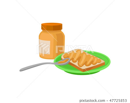 Toasted bread on plate and jar with peanut butter. Delicious breakfast. Tasty morning food. Flat Toasted bread on plate and jar with peanut butter. Delicious breakfast. Tasty morning food. Flat 47725853