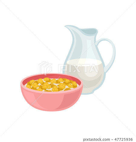 Delicious corn flakes in pink bowl and fresh milk in glass jug. Tasty meal. Healthy breakfast. Flat Delicious corn flakes in pink bowl and fresh milk in glass jug. Tasty meal. Healthy breakfast. Flat 47725936