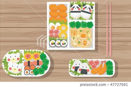 Japanese food in bento box on the wooden table - Stock Illustration ...