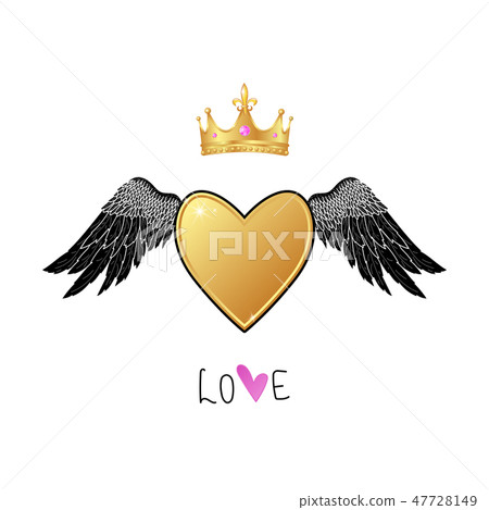 Shiny gold heart with angel wings and crown Shiny gold heart with angel wings and crown 47728149