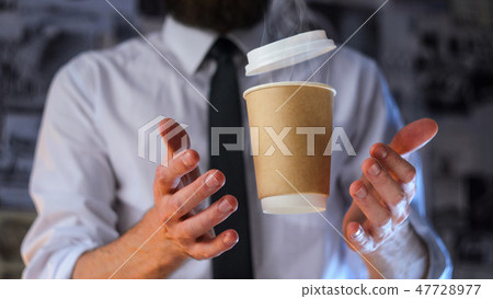 Barista and levitating paper cup of hot coffee 47728977
