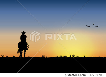 Silhouette of lonesome cowboy riding horse Silhouette of lonesome cowboy riding horse 47729706