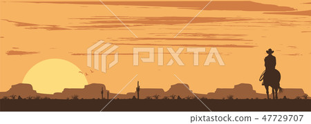 Silhouette of lonesome cowboy riding horse at suns Silhouette of lonesome cowboy riding horse at suns 47729707