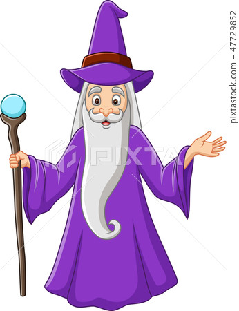 Cartoon old wizard holding magic stick 47729852