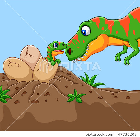 Cartoon Tyrannosaurus with her baby hatching 47730205