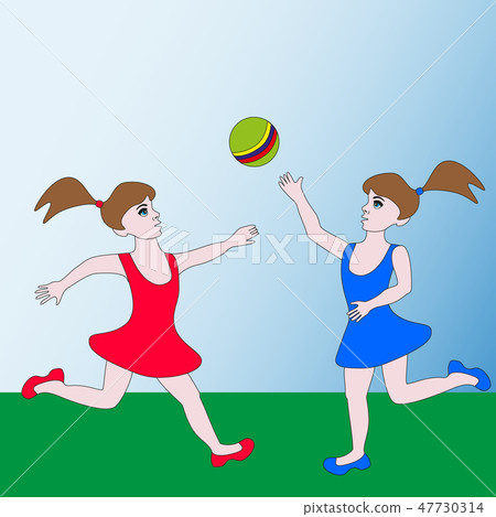 Two girls playing ball. 47730314
