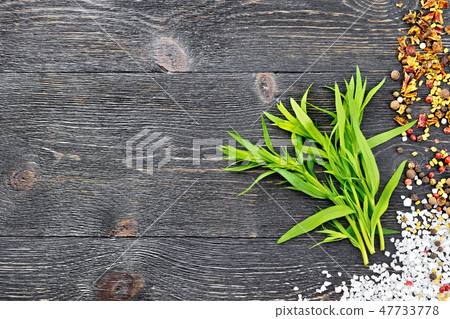 Tarragon leaves with spices on black board Tarragon leaves with spices on black board 47733778
