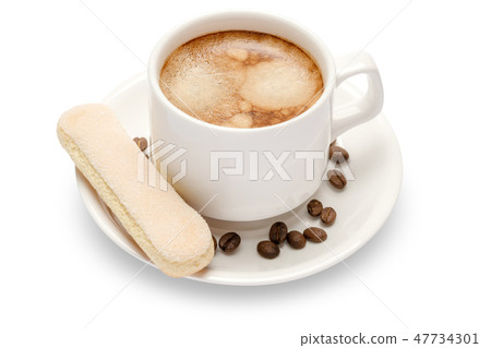 White ceramic cup of coffee with a savoiardi ladyfinger cookie on a plate 47734301