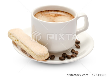 White ceramic cup of coffee with a savoiardi ladyfinger cookie on a plate 47734305