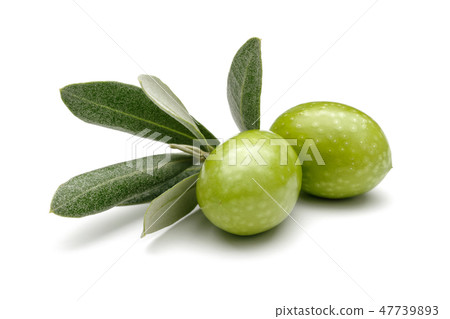 Green olives and leaves on white background Green olives and leaves on white background 47739893