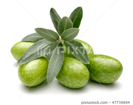 Green olives and leaves on white background 47739894