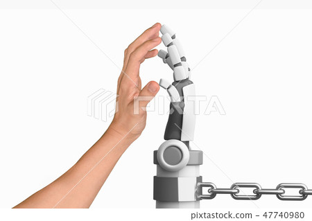 Human hand and robot hand in chain isolated on white background, 47740980