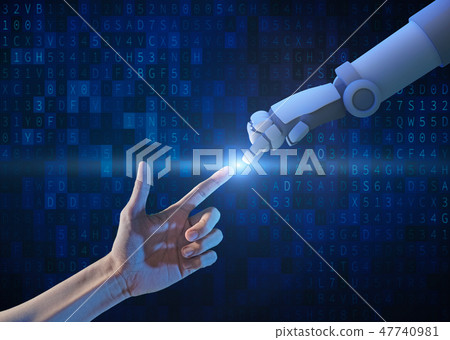 Binary Numbers Robotics Human hand and robot hand with binary number... - Stock Illustration ...
