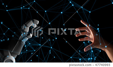 Human hand and robot hand with network connection lines on black Human hand and robot hand with network connection lines on black 47740993
